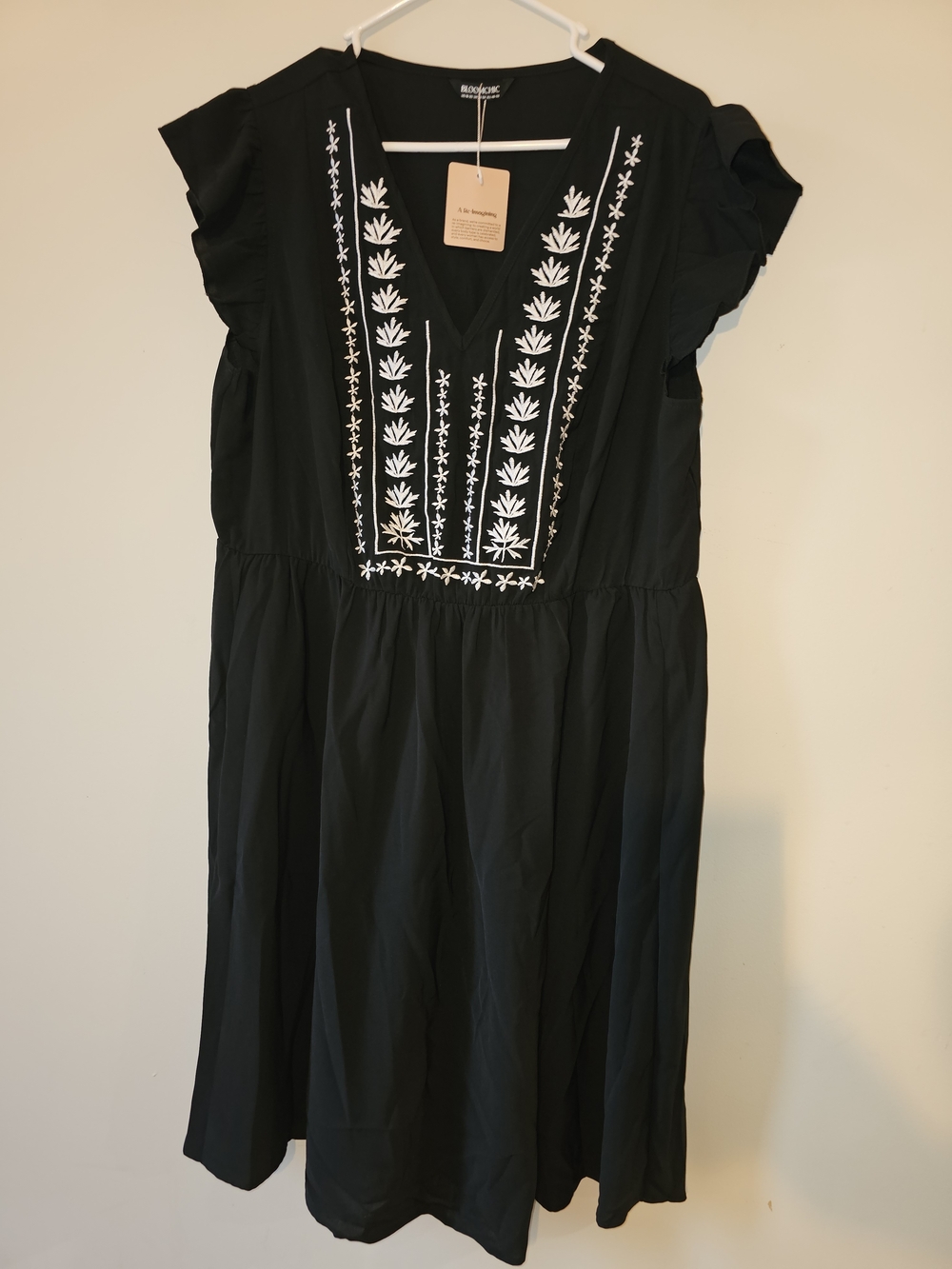 BloomChic Black Dress with White Floral Embroidery